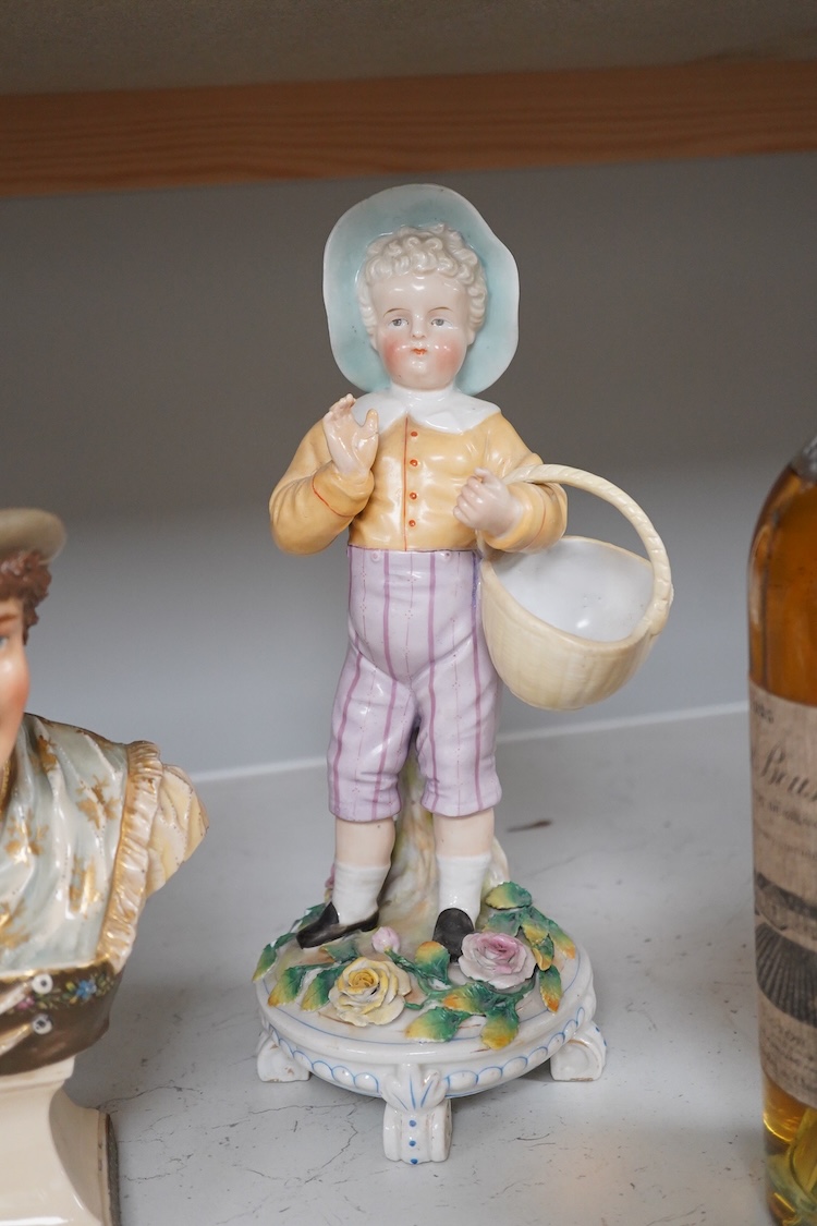 A pair of Volkstedt figures, 30cm high and a Royal Dux portrait bust